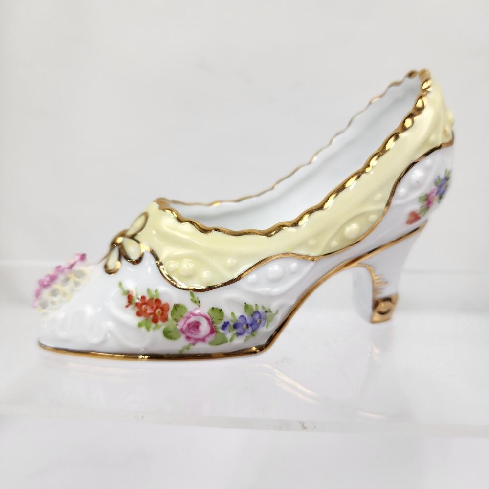 Limoges China Porcelain Victorian 5" Shoe Yellow w/Flowers & Heel Gold Trim